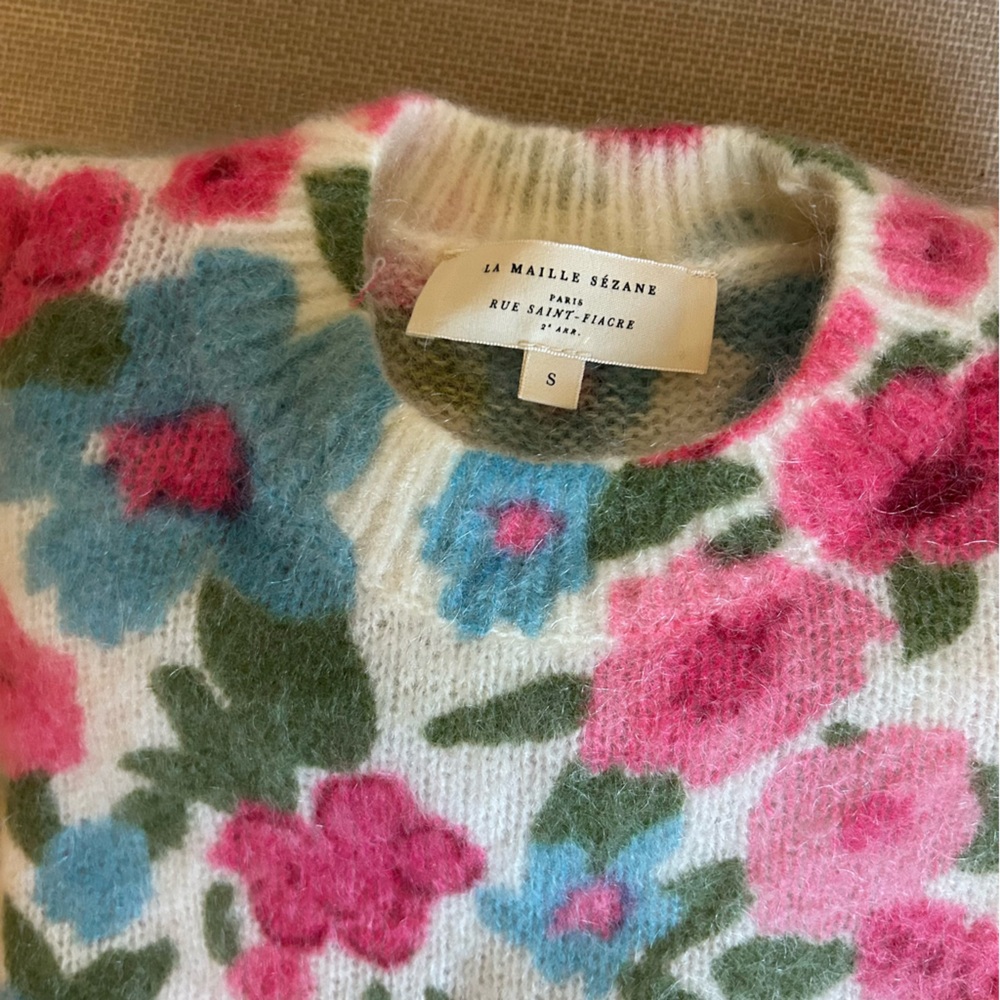 Sezane Janelia Jumper Sweater - Pink Flowers/ Turquoise Kid Mohair Knit French - Picture 7 of 11